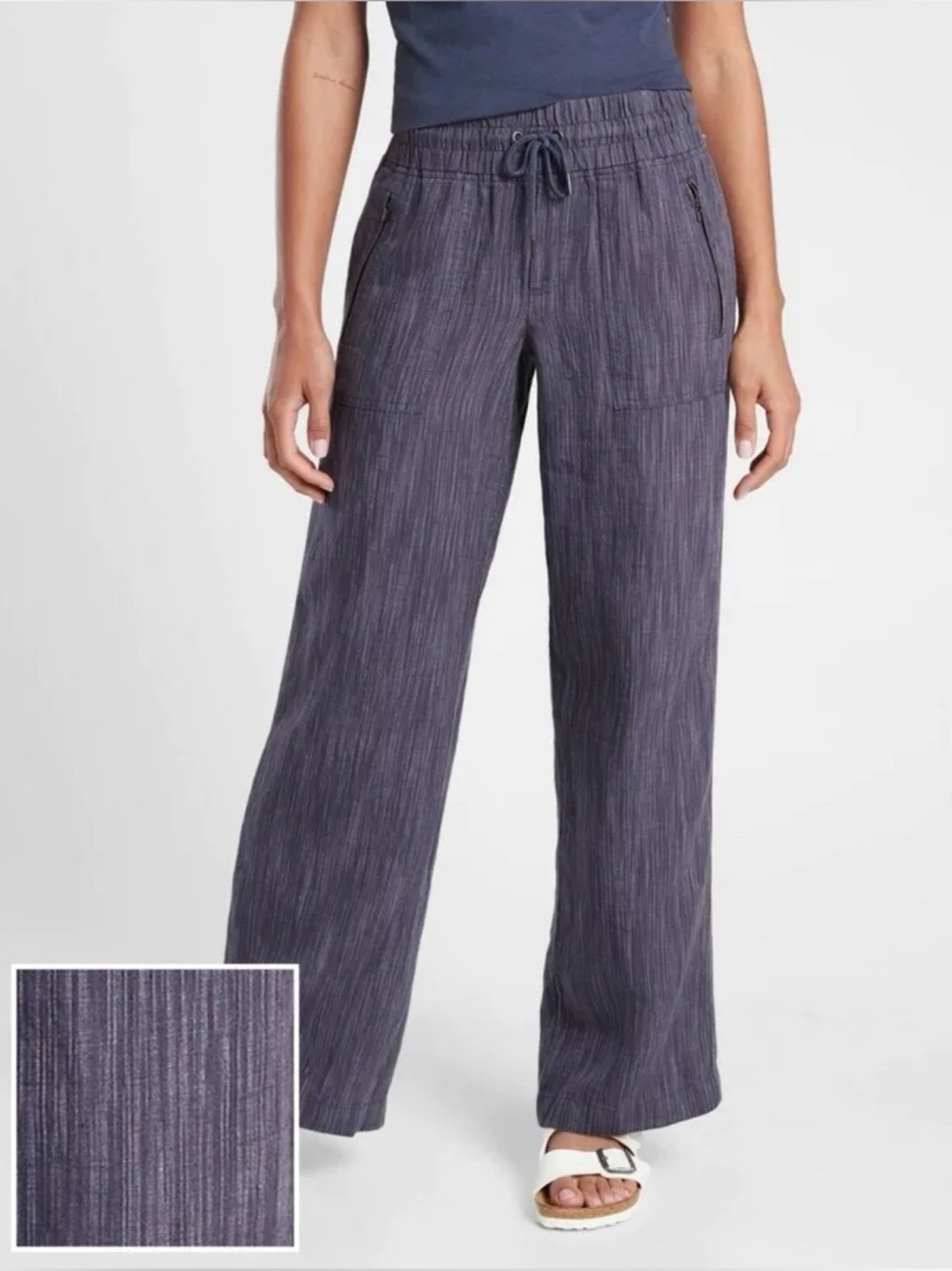 Athleta Cabo Linen Wide Leg Pull On Heathered Blue Pants small